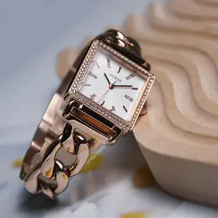 GUESS原廠平輸手錶 | 方形造型水鑽女錶 - 玫瑰金殼x鏈式不銹鋼錶帶 W1030L4