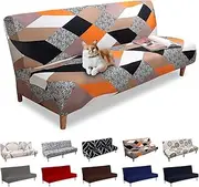 Lydevo Sofa Cover Without Armrests 3 Seater Sofa Bed Cover Stretch Armrest Sofa Bed Cover Armless Clic Clac Elastic Couch Cover Futon for Folding Couch Without Armrests, Orange Geometry