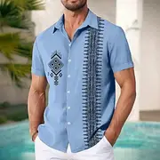 Men's Shirt Linen Shirt Summer Shirt Beach Wear Geometric Vacation Casual White Blue Khaki Gray Short Sleeve Lapel Summer Spring Summer Clothing Apparel Patch