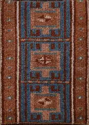 Blue & Brown Geometric Anatolian Turkish Foyer Rug 1x2 Hand-knotted Carpet