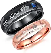 [Iflytree] 2pcs His and Her Matching Promise Rings for Couples Bridal Sets Balck Rose Gold Stainless Steel His Queen Her King Wedding Engagement Anniversary Band for Him and Her,Gift Box Package