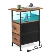 Narrow Side Table with Charging Station, End Table with LED Lights,2 Fabric
