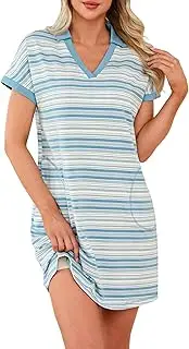 [EvolSer] Nightdress Women's Cotton Sleep Shirt Short Sleeve Striped Night Dress Sleepwear with Stand-Up Collar