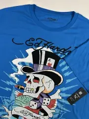 Ed Hardy Men’s 2XL Short Sleeve Shirt Capri Blue Skull Dice Rhinestone 2 Sided