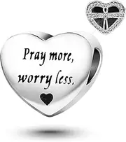 [SBI Jewelry] Cross Heart Charm for Bracelets Bible Pray More Worry Less Bead Pendant Compatible with Pandora Charm Bracelet Women Girls Mum Daughter Sister Girlfriend Wife Birthday Anniversary, Leather Metal Cubic Zirconia Copper, No Gemstone
