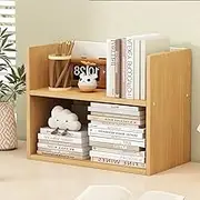 Hbluefat Desktop Organizer Shelf, Small Desk Bookshelf, Wooden Tabletop Mini Bookcase, Desktop Display Storage Rack for Home Office Kitchen (Wood)