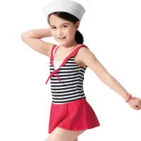 在飛比找momo購物網優惠-【沙兒斯】黑白橫紋水手造型連身裙式女童泳裝(兒童泳裝)