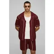Mens Brown Boxy Revere Collar Open Stitch Stripe Knitted Shorts Set