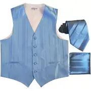 New Men's vertical stripes Tuxedo Vest Waistcoat_tie & hankie light blue formal