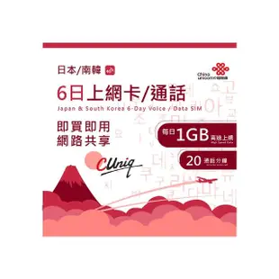 【中國聯通】日韓6日通話/上網卡 每日1G(4G網速)