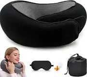 [LuxorLinen] 2025 New Memory Foam Travel Neck Pillow with 100% Mulberry Silk Eye Mask and Storage Bag for an Enhanced Travel Experience (Black)