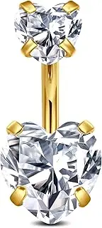 [CIZME] 14G Titanium Belly Button Rings for Women Men Hypoallergenic Heart Cubic Zirconia 6mm Short Belly Navel Rings Jewelry Gold Pretty Double Sparkle Body Piercing Barbells