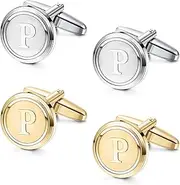 [ORAZIO] 2 Pairs Cufflinks for Men Stainless Steel Personalized Initial Cufflinks Silver Gold Engraved Cuff Links Alphabet Letter A-Z with Gift Box for Father Husband
