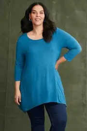 Sara Top Plus Size 24 Tunic Shirt Curved Hem Stretch Viscose Teal 3/4 Sleeve NEW