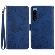 For Sony Xperia 5 Iv 5g Imprinting Butterfly Flowers Pu Leather Flip Case Skin-touch Wallet Stand Magnetic Protective Cover With Hand Strap