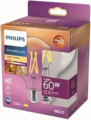 Philips LED Classic E27 WarmGlow 60 W Globe Shape Dimmable Clear Warm White