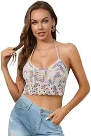 [Generic] Aashita Creations Women's Knit Crochet Halter Neck Padded Fringes Bikini Tops Backless Beachwear Bralette Crop Top Free Size