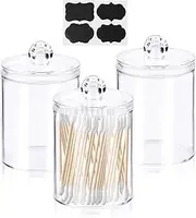 Glarks 3 Pack 10 Oz Q-tip Holder Dispenser Clear Plastic Apothecary Jar with Lid for Cotton Ball Swab Pad, Q-tips, floss picks