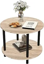VERFARM 60CM Round Coffee Table, 2-Tier Small Circle Coffee Table with Storage, Modern Center Accent Table with Metal Frame, Side Table End Table for Small Space, Living Room, Office, Teak Oak