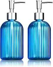 2PC Glass Jar Soap Dispenser - 14oz Liquid Soap Dispenser, Refillable Liquid Bottle Dispenser, Premium Dispenser for Bathroom, Ideal for Kitchen Dish Soap, Soap, Shampoo Lotion Bottle (Blue)