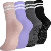 [Moliwulong] 4 Pairs Yoga Grip Socks, Non Slip Pilates Socks Grippy Socks Ladies Falls Prevention Grip Socks Breathable Cotton Socks for Ballet, Dance, Workout, Fitness, Running, Black, Gray, Pink,