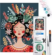 COLORDEMY 2-in-1 Paint by Numbers Kit - Rolled Canvases (20x25cm & 20x20cm), 16 Colours, Brushes & Paints Included - Fun for Adults & Kids, Perfect for Parties or Group Painting (Floral Hair Lady Design)