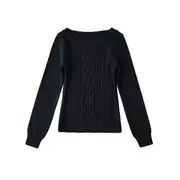 One-Shoulder Long-Sleeve Plain Cable Knit Sweater Black - M