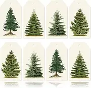 Whaline 120Pcs Christmas Tree Gift Tags with Rope Vintage Green Beige Paper Tags Xmas Winter Hanging Labels for Gift Wrapping DIY Crafts, 4 Designs