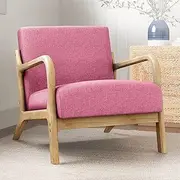 ALFORDSON Wooden Armchair High Back Accent Chair with Solid Wood Frame Wooden Armrest, Linen Fabric Upholstery Cushion Lounge Sofa for Reading Bedroom Living Room, 180KG Capacity, Pink