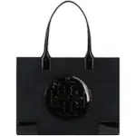 【TORY BURCH】專櫃款ELLA黑色尼龍漆皮圓形LOGO三層大款手提托特包