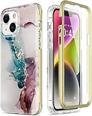 [Esdot] iPhone 14 Case with Built-in Screen Protector,Military Grade Rugged Cover with Fashionable Designs for Women Girls,Protective Phone Case for Apple iPhone 14 6.1" Turquoise Pink Marble
