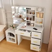 Buildonely Girls Vanity Desk with Mirror and Lights, 10 LED Bulbs 4 Drawers and 6 Shelves Makeup Table with Brightness Adjustable, White Vanity Table Vanity Set
