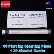 Piercing Care Kit 60x Floss Cleaners+30x Alcohol Pads for Ear Nose Eyebrow Navel
