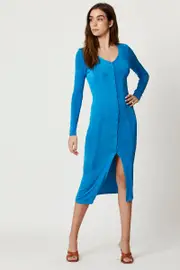 Blue Button Front Slinky Midi Dress - Size 8, Women's F Bodycon Dress