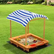 Keezi Kids Sandpit, 149cm Height Wooden Water Table Sand Pit Play Toys Sandcastle Garden Patio Beach Activity Outdoor Toy Games Box, with Adjustable Canopy Ground Sheet Large Seat Natural