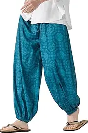 [PRIJOUHE] Men's Casual Harem Pants Elastic Waist Yoga Pants Lightweight Wide Leg Printed Summer Beach Trouser
