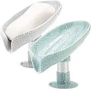 LBshmao-D 2 Pack Soap Holder Leaf-Shape Self Draining Soap Dish Holder, Not Punched Easy Clean Bar Soap Holder, with Suction Cup Soap Dish Suitable for Shower, Bathroom, Kitchen Sink (Grey + Green)
