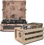 [Crosley] Voyager Bluetooth Portable Turntable - Floral + Bundled Record Storage Crate