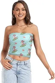 [RPLIFE] Cartoonish Playful T Rex Teal Crop Tube Top, Going Out Crop Top, Mesh Tube Tops, Sexy Tube Tops (S)
