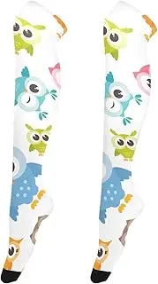 [Joitme] Funny Owls White Knee High Boot Socks, Soft and Lightweight, over the Knee Stockings, Funny Owls White