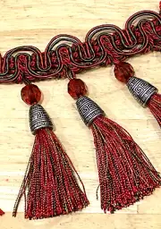 NEW tassel fringe trim with red, sage, gold, bead/silver cone sold by the yard