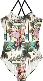 [RPLIFE] Girl Bathing Suits Beach Apparel 3-10 Y with Adjustable Shoulder Strap, Vintage Pink Van Surfboard