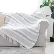 Decorative Grey Ivory Striped Throw with Fringe, Soft Chenille Knitted Farmho...