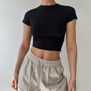 Short Sleeve Plain Slim-Fit Crop Top Black - S