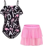 [Mecamelon] Girls One Piece Swimsuit with Mesh Skirt Printing Bathing Suit Swimwear 3-12Y
