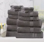 14pc Renee Taylor Stella Bath Towel/Mat Set Soft Bamboo Cotton 650 GSM Charcoal