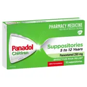 Panadol Children Suppositories 5 - 12 Years 10pk Paracetamol 250mg Pain Relief