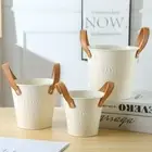 Beige Color Plant Pots Leather Handle Storage Basket Quality Small Bucket Home