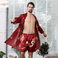 在飛比找樂天市場購物網優惠-情侶絲綢印花睡袍 中國風女士睡衣 男士長袖紡真絲浴袍8800