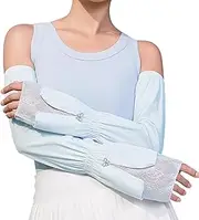 [RainFlowwer] Blue Sun Protection Arm Sleeves with Lace Patchwork Cuffs, Elastic Arm Sleeves Long Women for Sports Outdoor with Rhinestone Bow Decoration, Blue